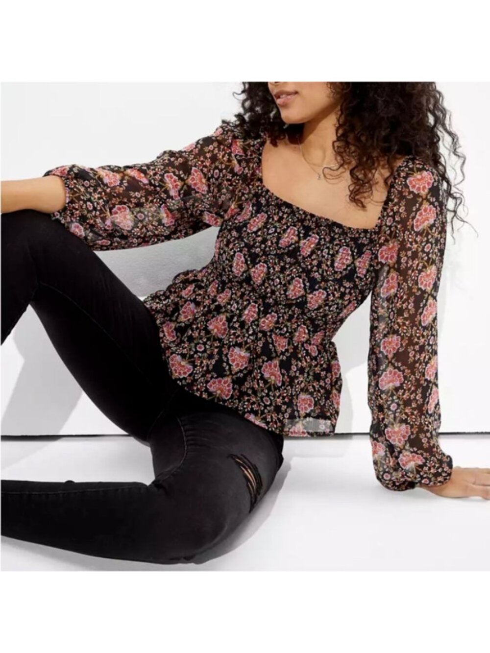 AE Floral Smocked Blouse | Boho Peasant Top | Square Neck Long Sleeve